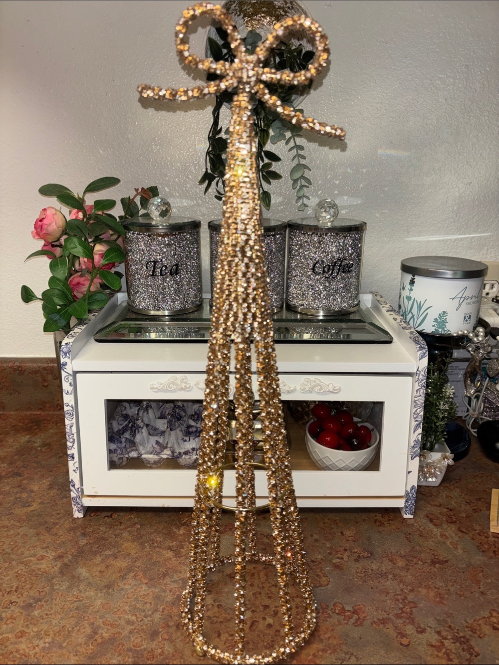 Christmas Tree Topper Gold rhinestone Table Decor with Bow